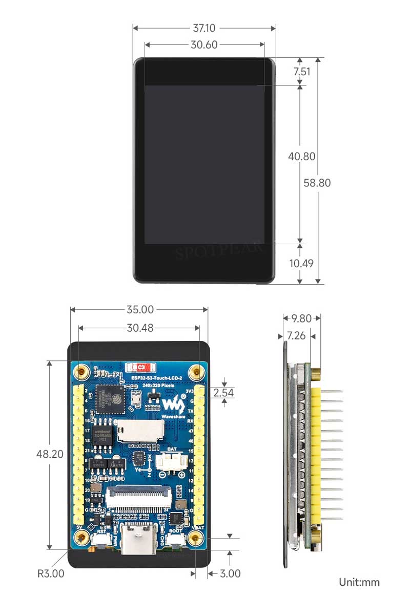 ESP32-S3 avec Ecran Tactile Capacitif de 2 Pouces, 240×320 pixels, Panneau IPS, Processeur dual-core LX7 32 bits, compatible WiFi et Bluetooth, interface caméra intégrée, ESP32 avec écran